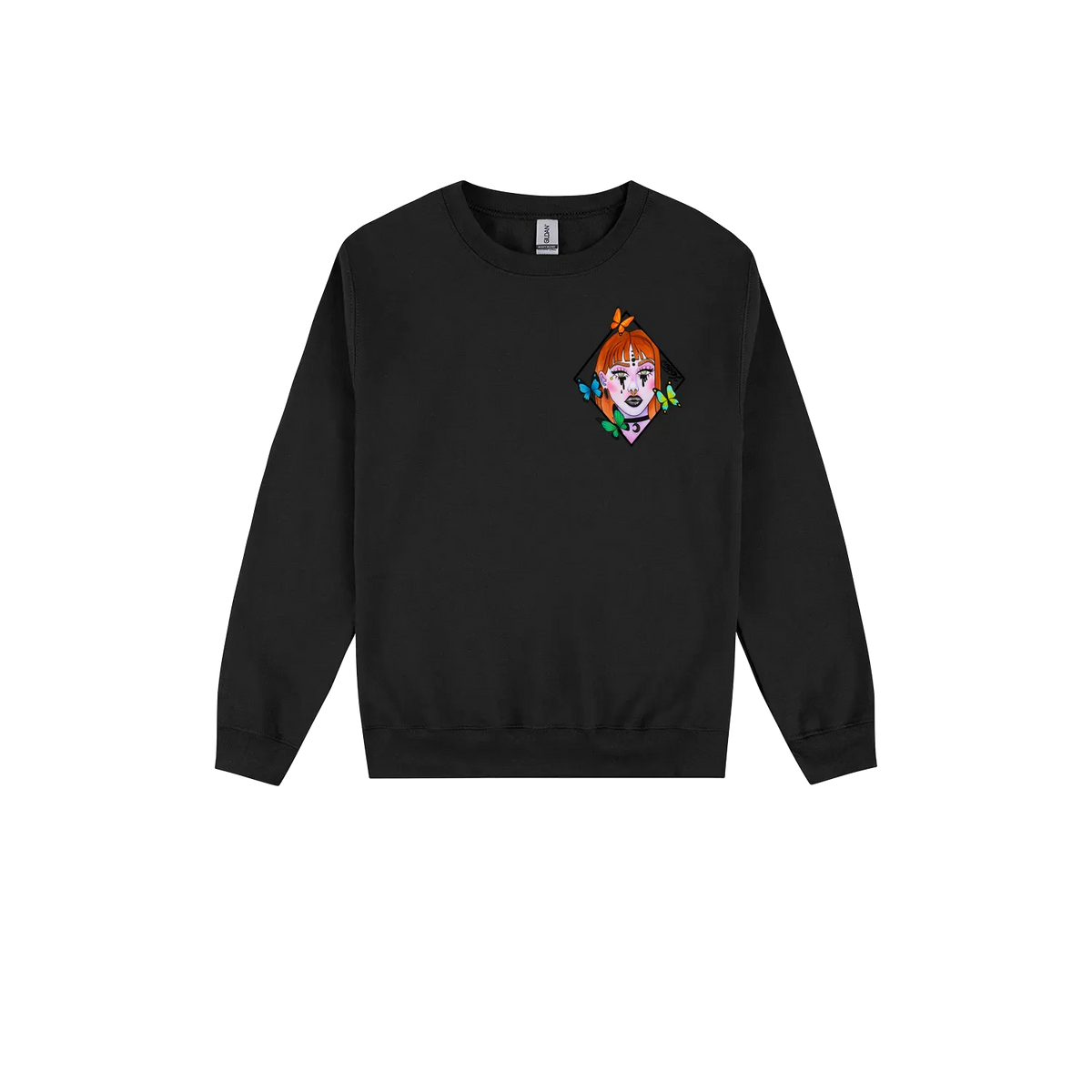 Butterfly Girl Crewneck Jumper — Black front laid flat