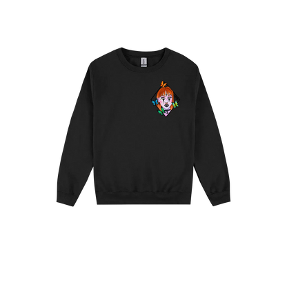 Butterfly Girl Crewneck Jumper — Black front laid flat