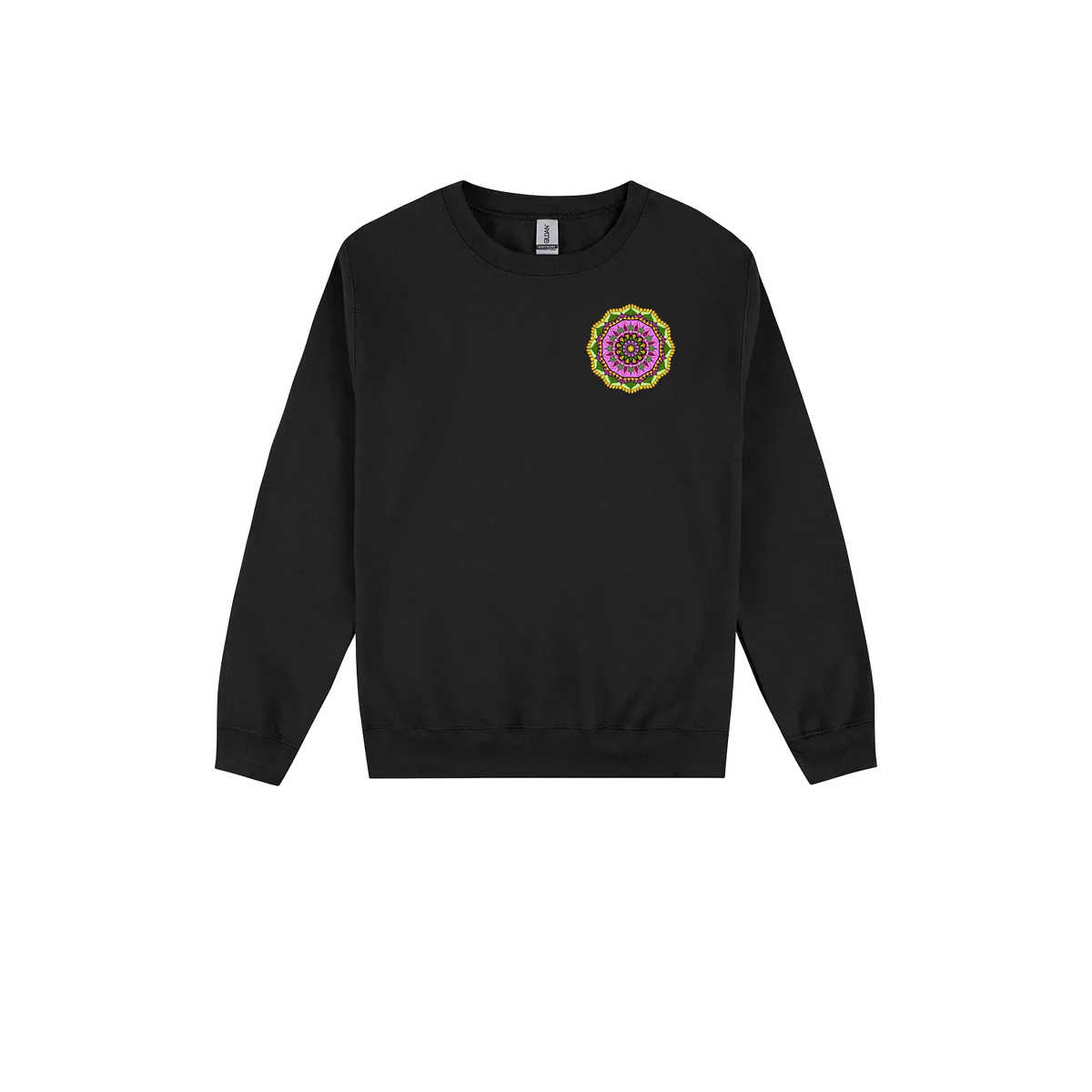 Colourful Mandala Crewneck Jumper — Black front laid flat