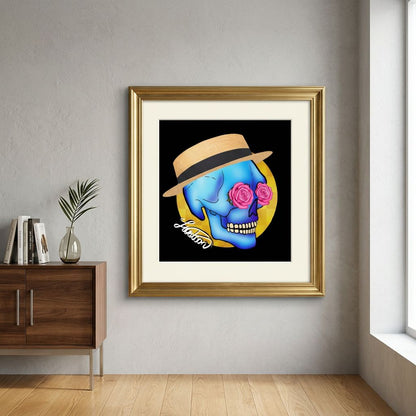 Colorful Day of the Dead Skull with Roses and Fedora Hat