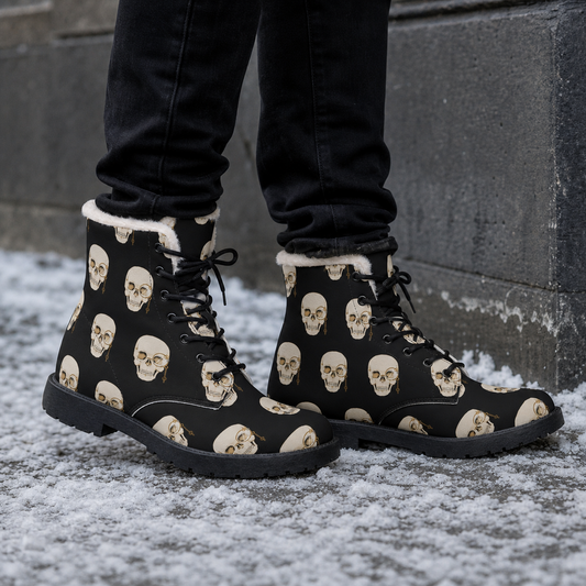 Skull Print Fleece-Lined Microfiber Boots