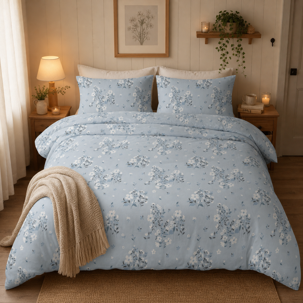 Light Blue Floral Cotton Duvet Cover & Sham Set