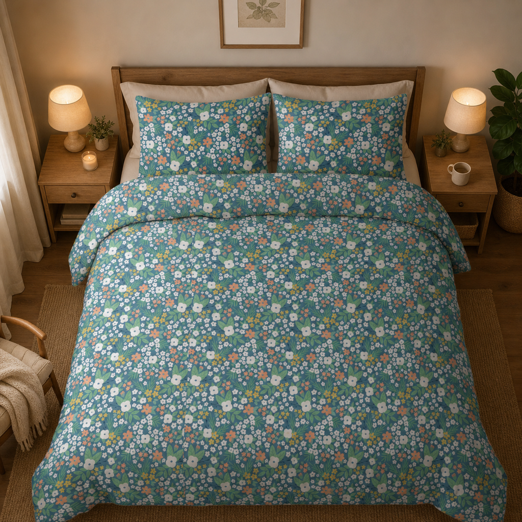 Blue Floral Cotton Duvet Cover & Sham Set