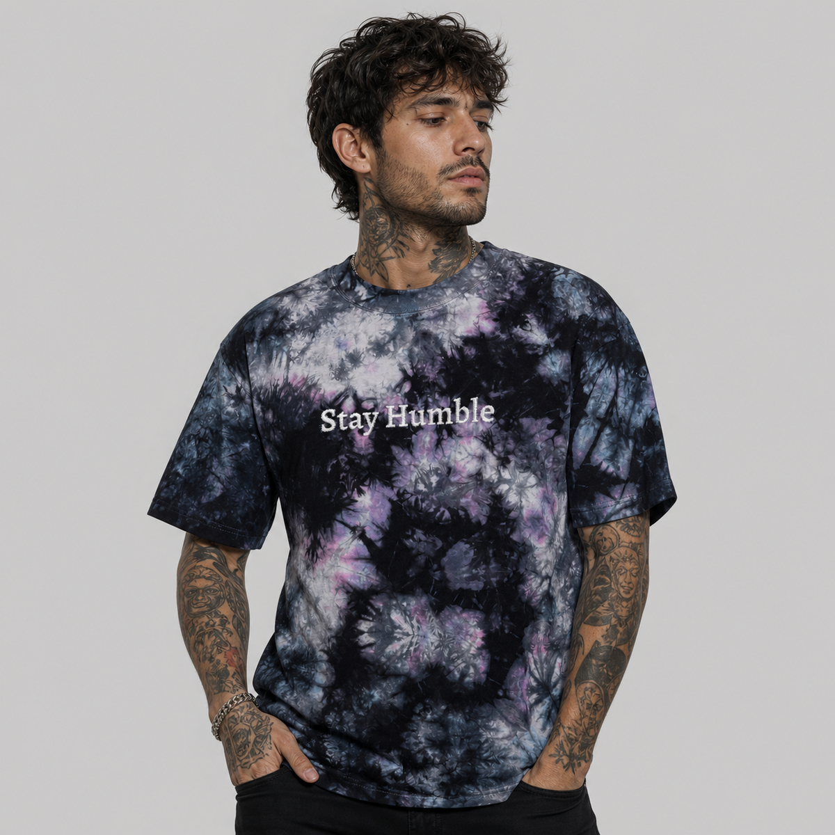 Stay Humble Embroidered Oversized Tie-Dye T-Shirt